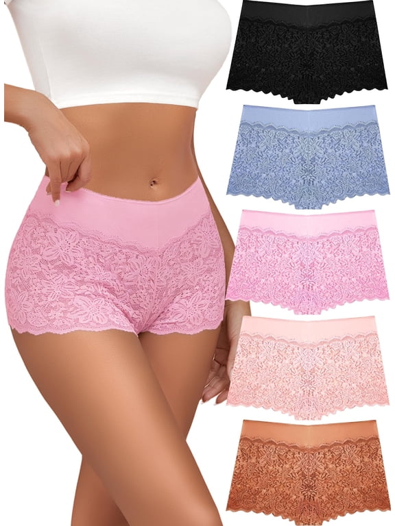 Lace Boyshort Sexy Underwear Womens Panties Cheeky Plus Size Lingerie Stretch Cotton Waistband S-3XL 5 Pack