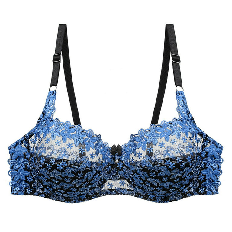 Lace Bra Embroidery Cd Cup Big Bra Fat Ladies Underwear Blue 38D Plus Size  Underwired Comfort Permeable Support Lace Breathable High Quality Lining