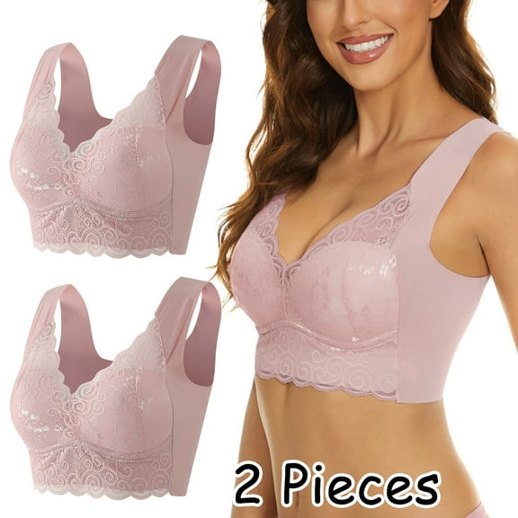 Lace Bra Plus Size Bra Women Underwear Bralette Crop Top Sexy Female Bra Large Tube Top Female Push Up Brassiere Laced Bra(L, Pink 2PCS)