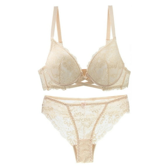 Lace Bra and Panty Set, Hugcore Fashion Women Gather Lace Bra Suits Deep V Edge Underwear Bra and Panty Set Beige 95B