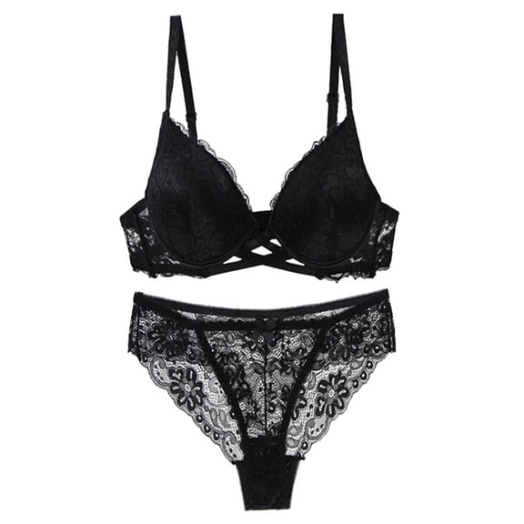 Lace Bra and Panty Set, Hugcore Fashion Women Gather Lace Bra Suits Deep V Edge Underwear Bra and Panty Set Black 90D