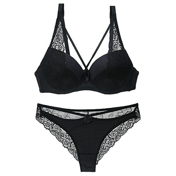 Lace Bra and Panty Set, Hugcore Fashion Women Gather Lace Bra Suits Deep V Edge Underwear Panty and Bra Sets for Women Black 75B