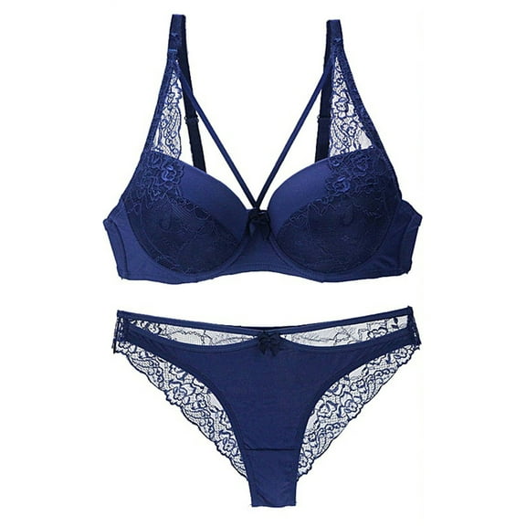 Lace Bra and Panty Set, Hugcore Fashion Women Gather Lace Bra Suits Deep V Edge Underwear Panty and Bra Sets for Women Blue 85E
