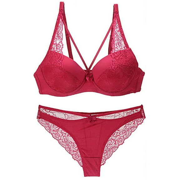 Lace Bra and Panty Set, Hugcore Fashion Women Gather Lace Bra Suits Deep V Edge Underwear Panty and Bra Sets for Women Wine 80E