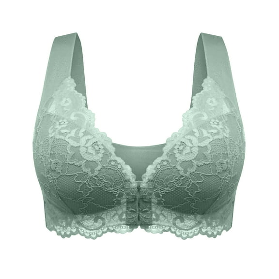 Lace Bralette Tops Seamless Bras for Women Front Closure, Wireless Bras Lace Breathable Push up Bralette Convenient Bra T Shirt Bra Green 5XL