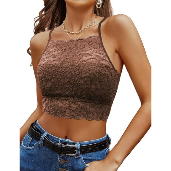 Lace Bralette for Women High Neck Camisoles Racerback Double-Layered Crop Top