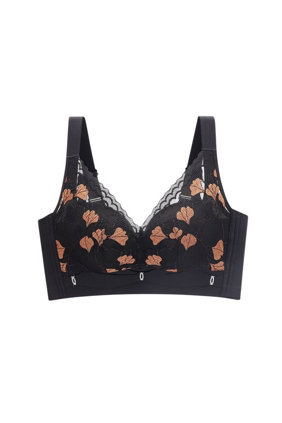 Lace Bras For Women Wide Shoulder Strap Print Bralettes Anti-Sagging Full Coverage Supportive Push Up Everyday Wear (L, Black)