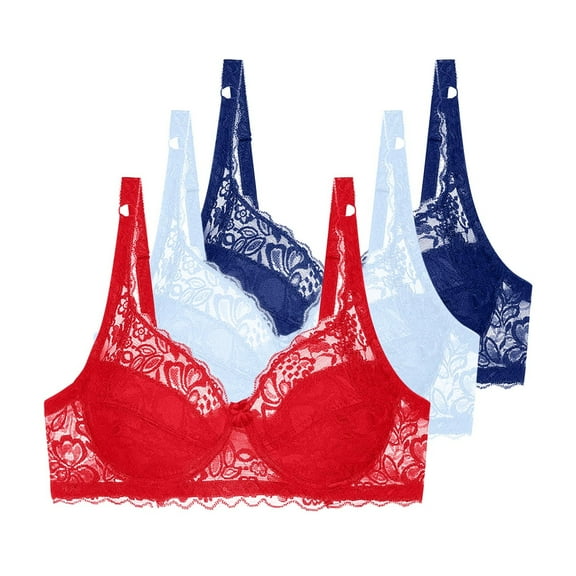 Lace Bras for Women 3 Pack Underwire Comfortable Large Size Everyday Bralettes Size Thin Breathable Lace Balconette Longline Bras for Lady with Support Blue 95B