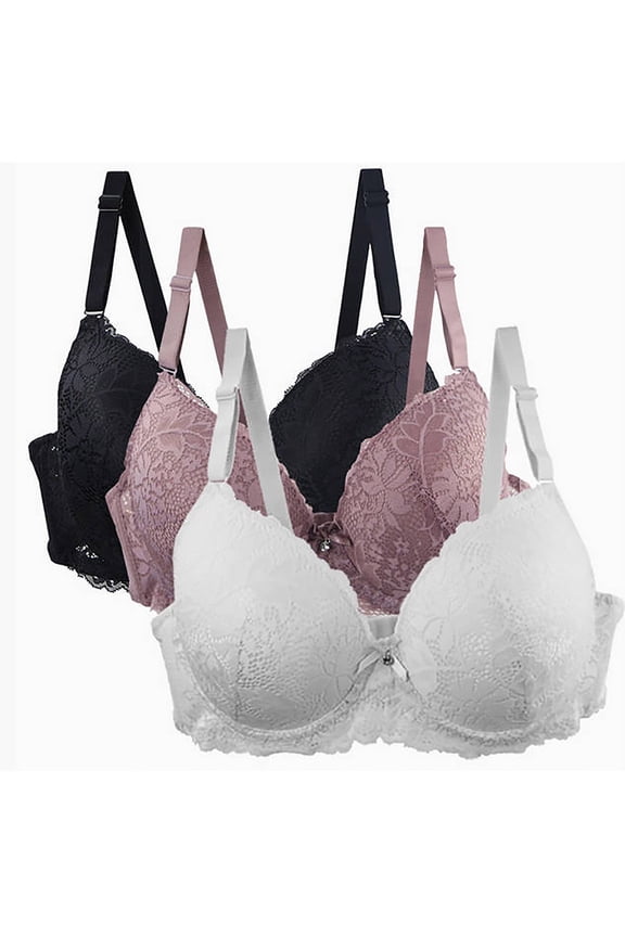 Lace Bras for Women 3 Pack Plus Size Soft Breathable 3/4 Cups Gather Together Push Up Bralettes
