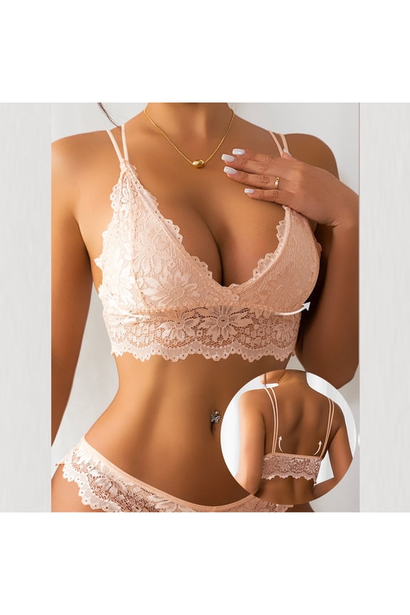 Lace Bras for Women Floral Lace V Neck Bralettes Wireless Underwear Daily Bra Beige S