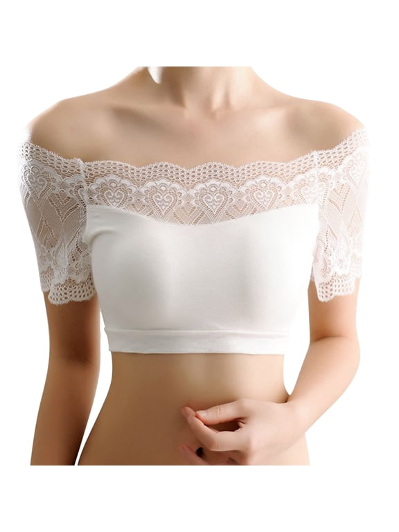 Lace Bras for Women Padded Bandeau Bra Short Sleeve Convertible Bralettes Basic Layer Off Shoulder Top Bra
