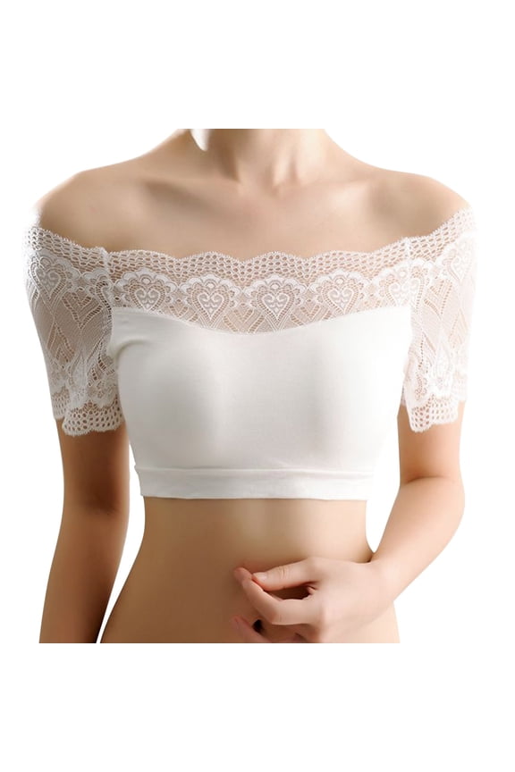 Lace Bras for Women Padded Bandeau Bra Short Sleeve Convertible Bralettes Basic Layer Off Shoulder Top Bra