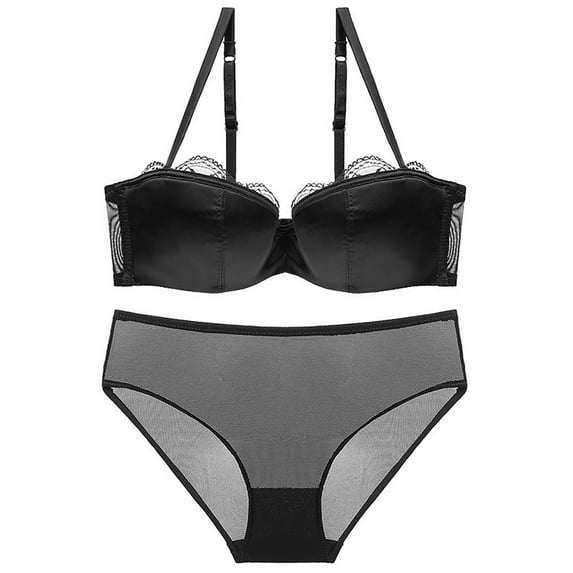 Lace Bras for Women See Through Underwire Embroidered Mesh Sheer Lingerie Full Coverage Push Up Panty Bra,Black 6,L