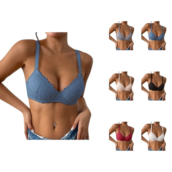 Lace Bras for Women V Neck Lightweight Comfortable Breathable Side Support Underwire Push Up Bralette Everyday Bra