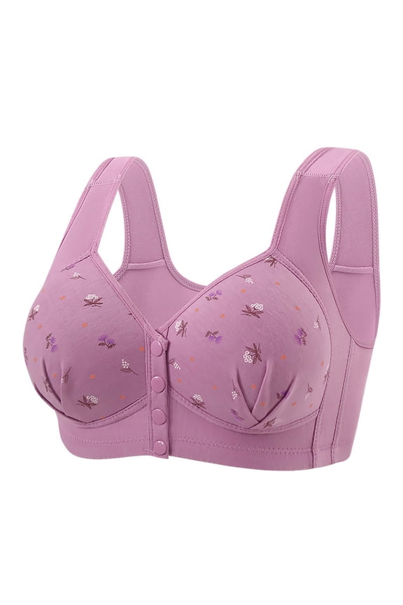 Lace Bras for Women Women's Front-Closure Comfortable Bra - Floral Print Wireless Soft-Cup Wide Straps Breathable Bralette Everyday Wear Purple 40