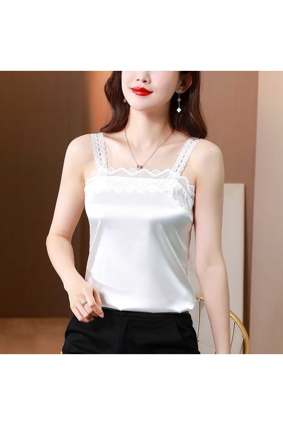 Lace Cami Tops for Women Lace Cami Tops for Women Satin Spaghetti Strap Tube Tops Squares Neck Cami Shirts Loose Pajama Sleepwear Tank Shirt White XL