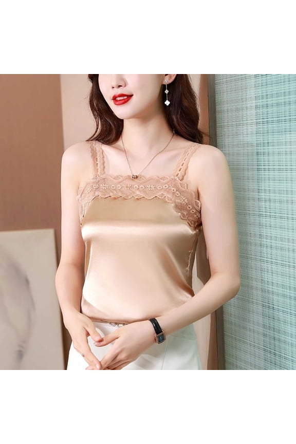 Lace Cami Tops for Women Satin Spaghetti Strap Tube Tops Squares Neck Cami Shirts Loose Pajama Sleepwear Tank Shirt Khaki M