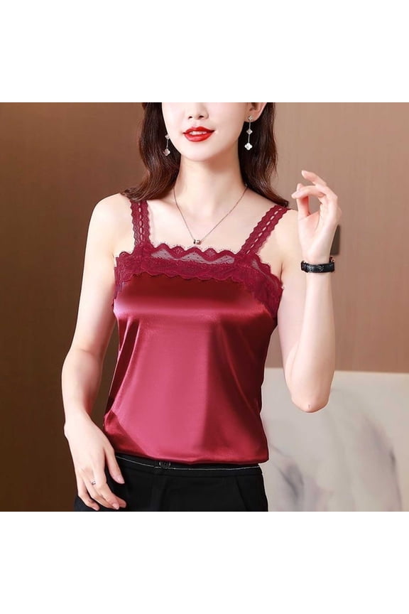Lace Cami Tops for Women Satin Spaghetti Strap Tube Tops Squares Neck Cami Shirts Loose Pajama Sleepwear Tank Shirt Red M