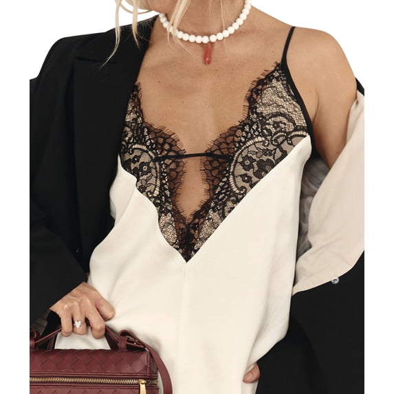 Lace Camis Tops for Women Spaghetti Strap Satin Silk V Neck Tank Top Y2K Going Out Shirt Tops White M