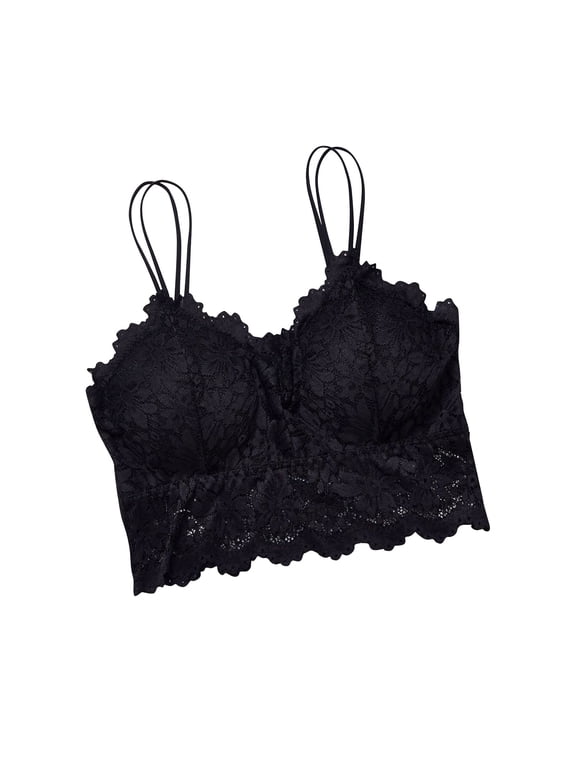 Lace Camisole Bralette Crop Top with Built In Pads Adjustable Spaghetti Straps Floral Lace Bustier Bandeau for Women Sexy Daily Wear and Layering Black L