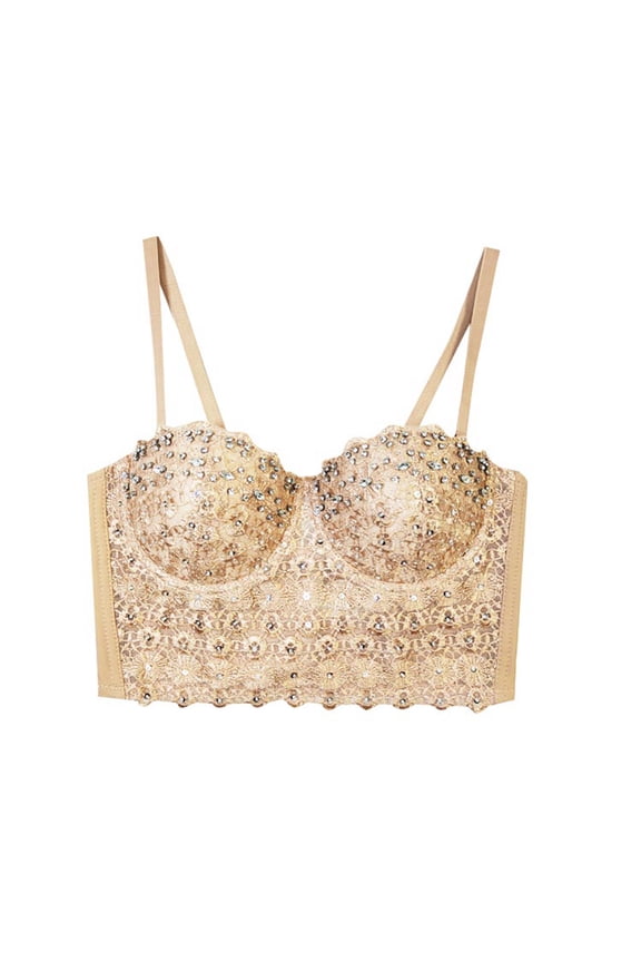 Lace Camisole Rhinestone Beaded Crop Top Belly Dance Corset Fishbone Bustier Top For Fashionable Layering,Color:Khaki