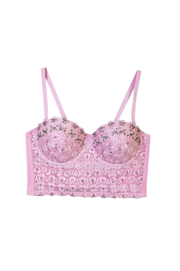 Lace Camisole Rhinestone Beaded Crop Top Belly Dance Corset Fishbone Bustier Top For Fashionable Layering,Color:Pink