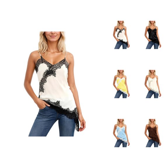 Lace Camisole Tops for Women 2026 Casual Lace Patchwork Spaghetti Strap Asymmetrical Hem Camisole Tank Top