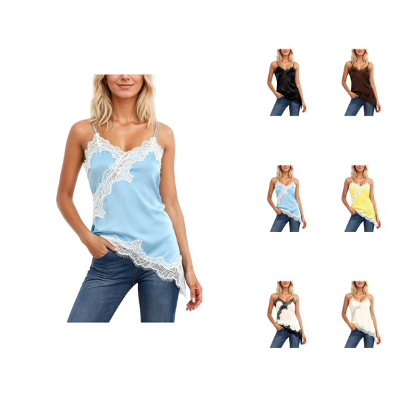 Lace Camisole Tops for Women 2026 Fashion Asymmetrical Hem Lace Patchwork Spaghetti Strap Camisole Tank Top
