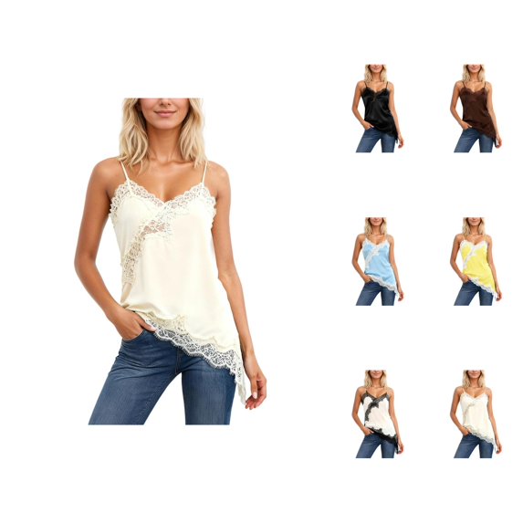 Lace Camisole Tops for Women 2026 Fashion Asymmetrical Hem Lace Patchwork Spaghetti Strap Camisole Tank Top