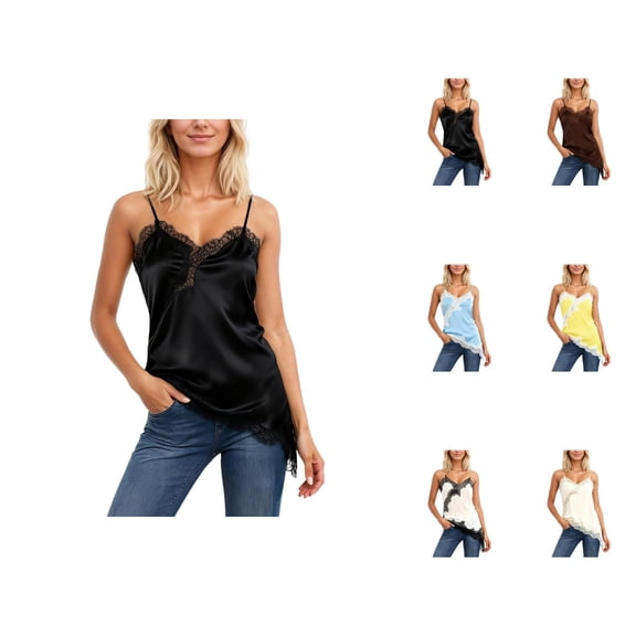 Lace Camisole Tops for Women 2026 Fashion Asymmetrical Hem Lace Patchwork Spaghetti Strap Camisole Tank Top