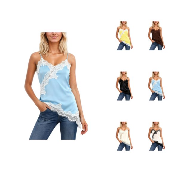 Lace Camisole Tops for Women 2026 Trendy Spaghetti Strap Asymmetrical Hem Lace Patchwork Camisole Tank Top