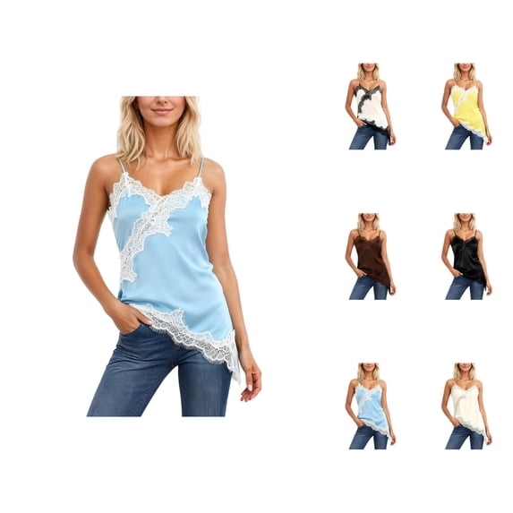 Lace Camisole Tops for Women Summer Spaghetti Strap V Neck Slim Fit Asymmetrical Hem Going out Tank Tops