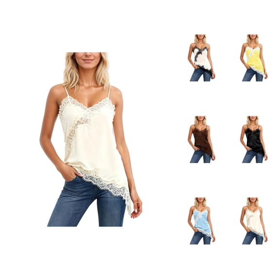 Lace Camisole Tops for Women Summer Spaghetti Strap V Neck Slim Fit Asymmetrical Hem Going out Tank Tops