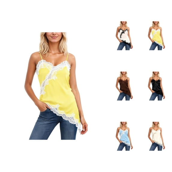 Lace Camisole Tops for Women Summer Spaghetti Strap V Neck Slim Fit Asymmetrical Hem Going out Tank Tops