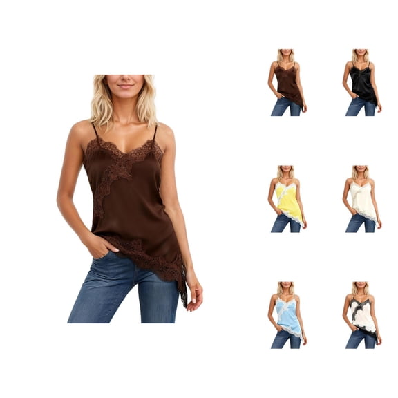 Lace Camisoles for Women 2026 Casual Lace Patchwork Asymmetrical Hem Spaghetti Strap Camisole Tank Top