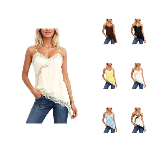 Lace Camisoles for Women 2026 Casual Lace Patchwork Asymmetrical Hem Spaghetti Strap Camisole Tank Top