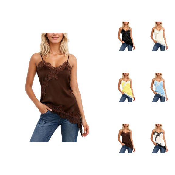 Lace Camisoles for Women 2026 Casual Spaghetti Strap Lace Patchwork Asymmetrical Hem Camisole Tank Top