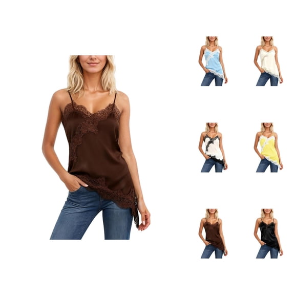 Lace Camisoles for Women 2026 Trendy Lace Patchwork Asymmetrical Hem Spaghetti Strap Camisole Tank Top
