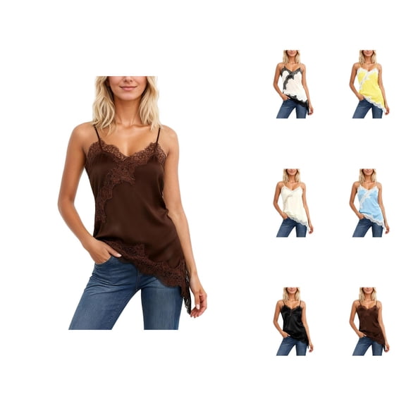 Lace Camisoles for Women 2026 Trendy Lace Patchwork Spaghetti Strap Asymmetrical Hem Camisole Tank Top