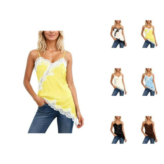 Lace Camisoles for Women 2026 Trendy Lace Patchwork Spaghetti Strap Asymmetrical Hem Camisole Tank Top