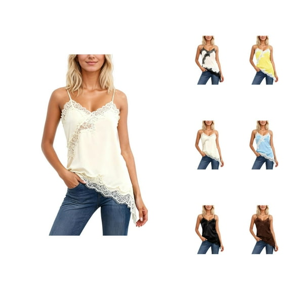 Lace Camisoles for Women 2026 Trendy Lace Patchwork Spaghetti Strap Asymmetrical Hem Camisole Tank Top