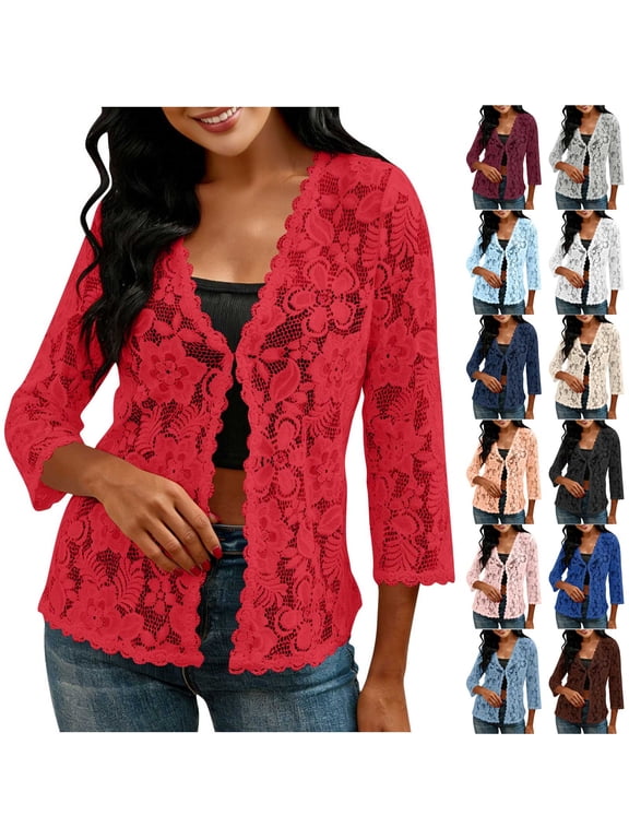 Lace Cardigan for Ladies Elegant 3/4 Sleeve Hollow Out Lightweight Cardigans Casual Longline Soft Breathable Cardigan Tops Loose Fit Beach Covers Up Shawl Jacket for Evening Wedding Pink L