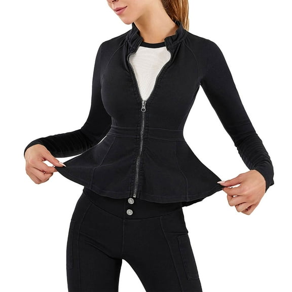 Lace Cardigan Women's Denim Jackets Peplum Round Neck Long Sleeve Zip Front Cropped Stretchy Athletic Workout Ruffle Coats Black S