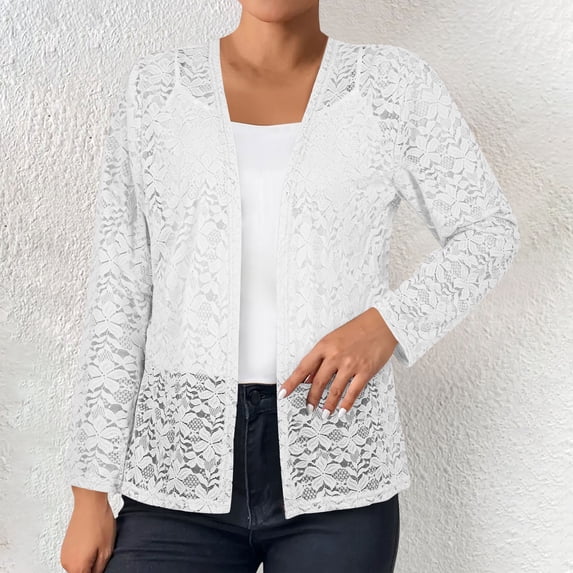 Lace Cardigan Women Long Sleeve Cover Up, Lightweight Hollow Out Knit Top, Casual V Neck Open Front Sweater, Solid Color Boho Lace Trim Blouse for Daily Layering