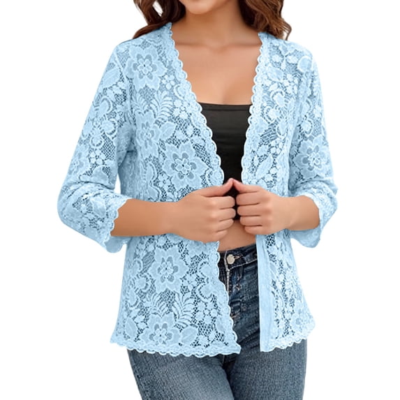 Lace Cardigan for Women 3/4 Sleeve Open Front Lightweight Crochet Shrug Bolero Open Dressy Casual Summer Cover Up Sweater Light Blue 2XL
