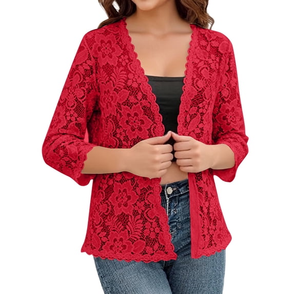 Lace Cardigan for Women 3/4 Sleeve Open Front Lightweight Crochet Shrug Bolero Open Dressy Casual Summer Cover Up Sweater Red L