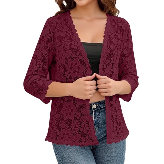 Lace Cardigan for Women 3/4 Sleeve Open Front Lightweight Crochet Shrug Bolero Open Dressy Casual Summer Cover Up Sweater Wine M