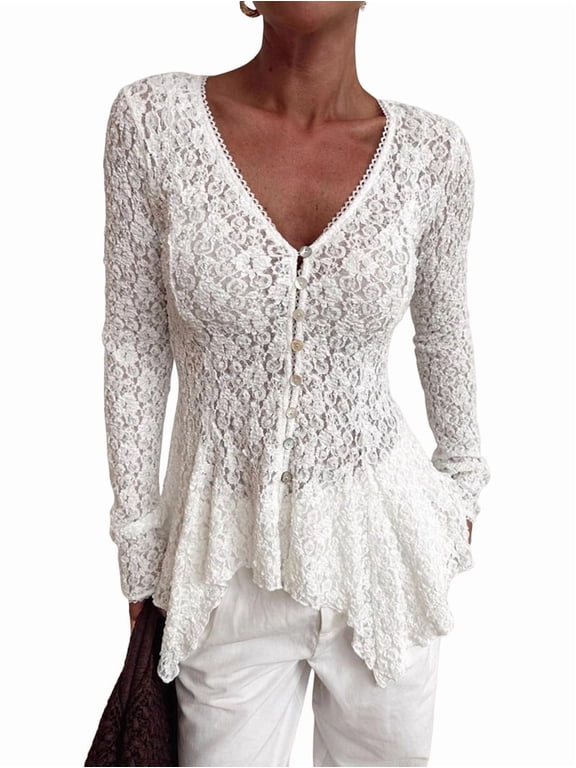 Lace Cardigan for Women Floral Mesh Sheer Bell Long Sleeve Tops Dusters White M