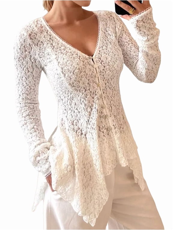 Lace Cardigan for Women Floral Mesh Sheer Bell Long Sleeve Tops Dusters White XL