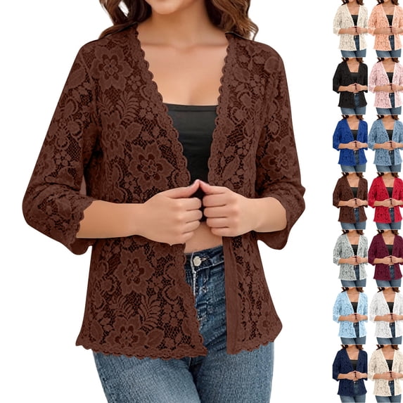 Lace Cardigan for Women Lightweight 3/4 Sleeve Shrugs Crochet Sheer Open Front Cardigan Summer Beach Coverup (L,Coffee)